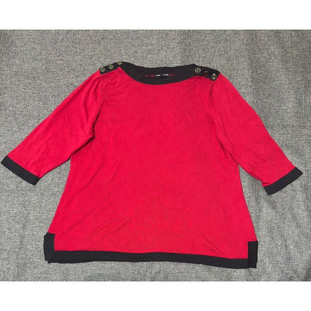 Cable & Gauge Woman 1X Top Red Black Trim‎ Button Shoulder 3/4 Sleeve
